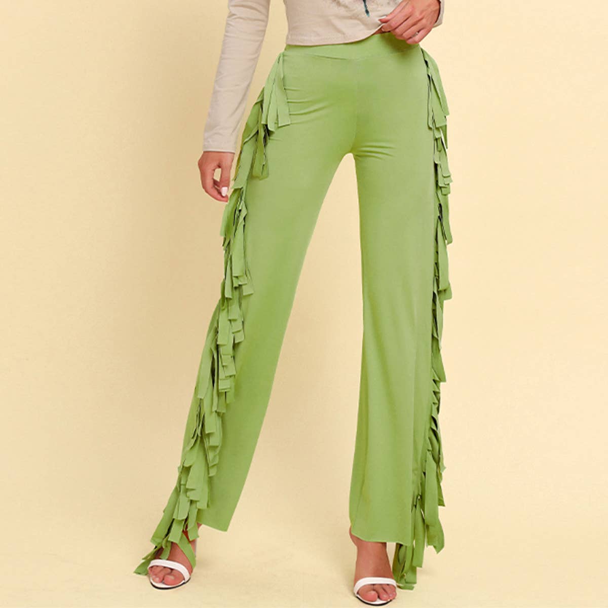 High Waist Fringe Wide Leg Pants