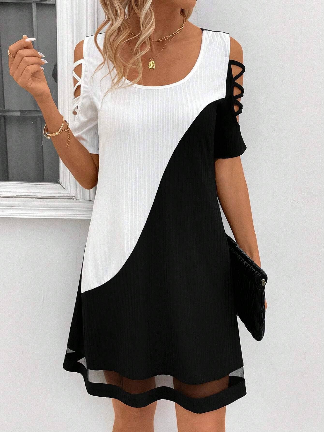 Women¡¯s colorblock lace mesh midi dress