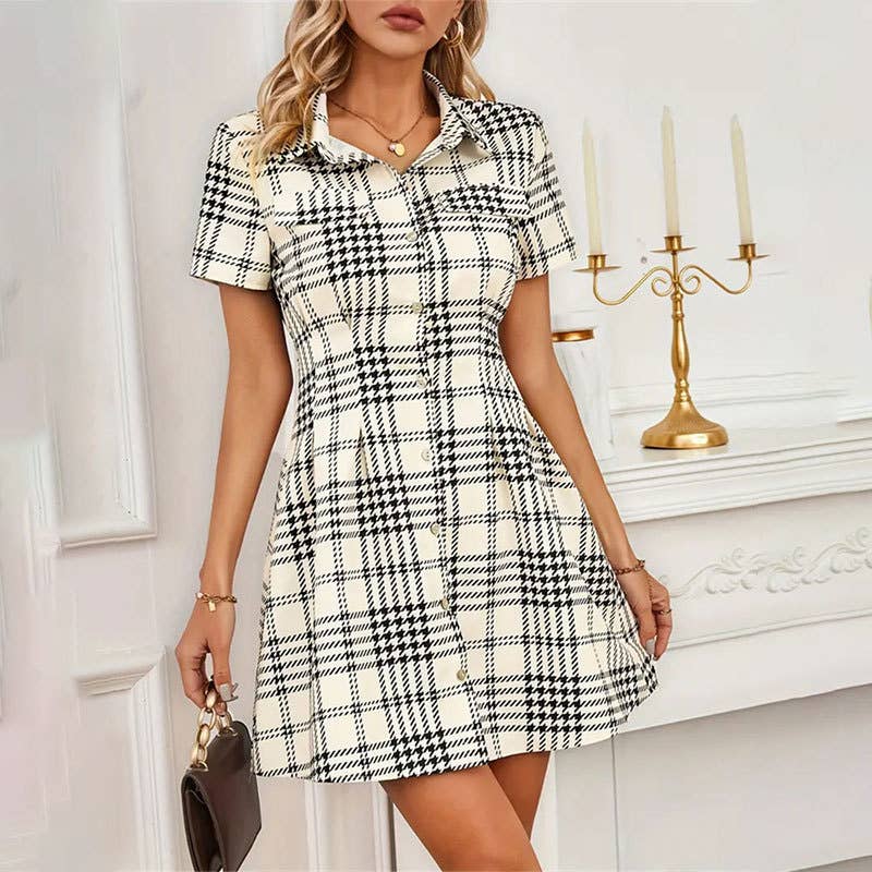 Waist thousand birds plaid short dress