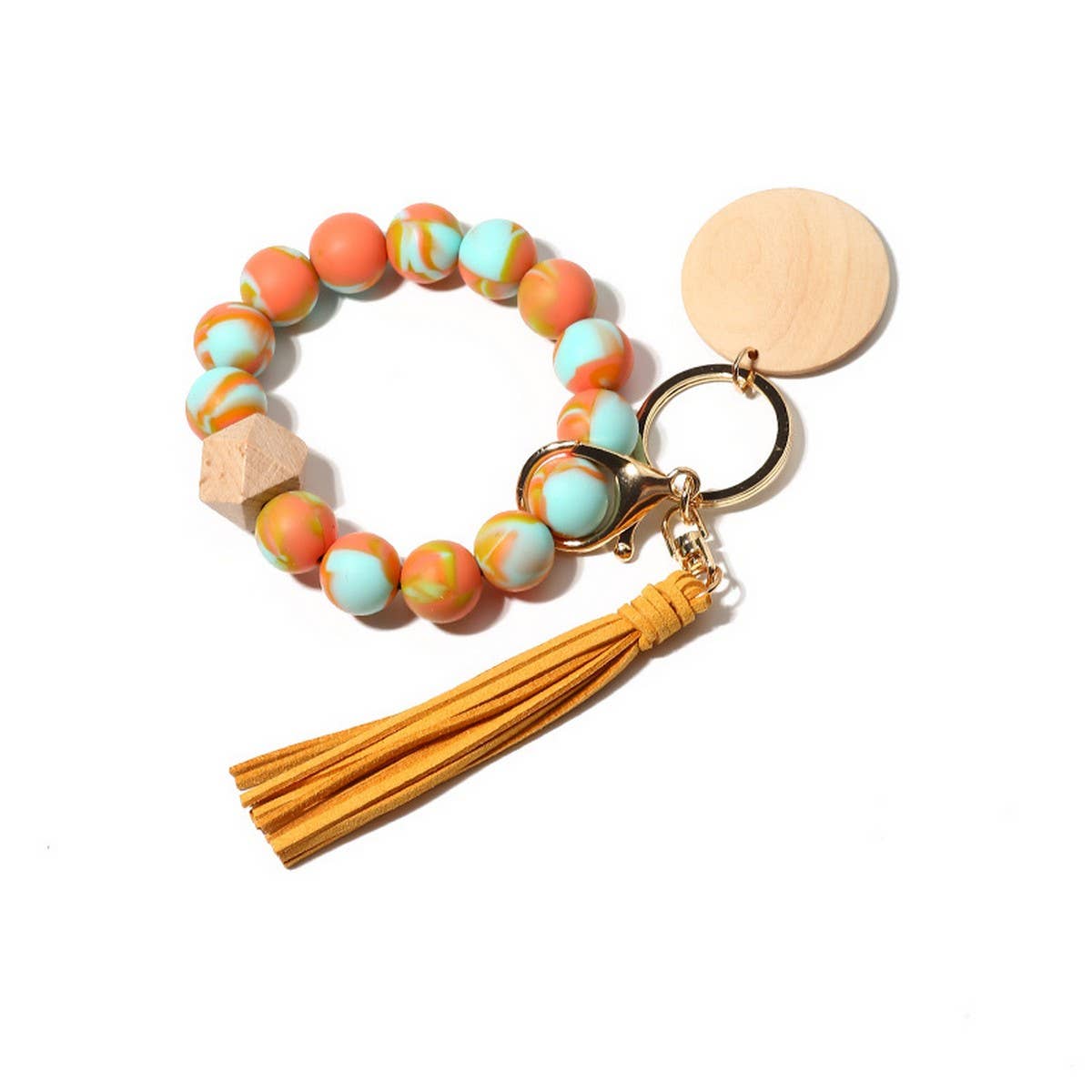 Silicone Bead Bracelet Keychain with Beech Wood