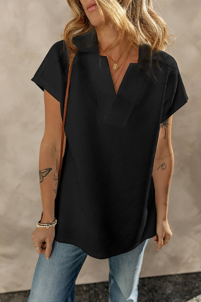 Solid-color V-neck slit short-sleeved T-shirt
