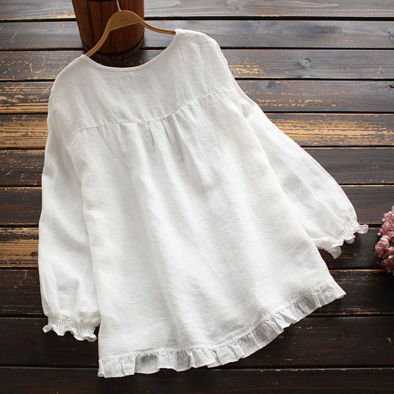 SOLID COLOR LOOSE RUFFLED CUFFS ROUND NECK SHIRT