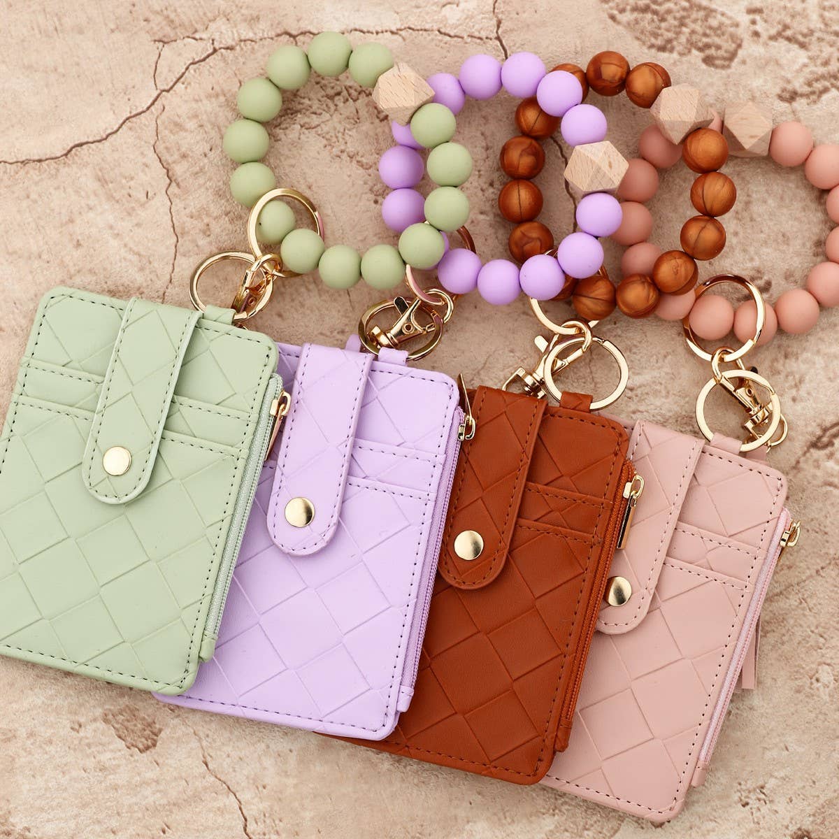 Checkered PU Card Walletwith Bead Bracelet Keychain_CWAB4958