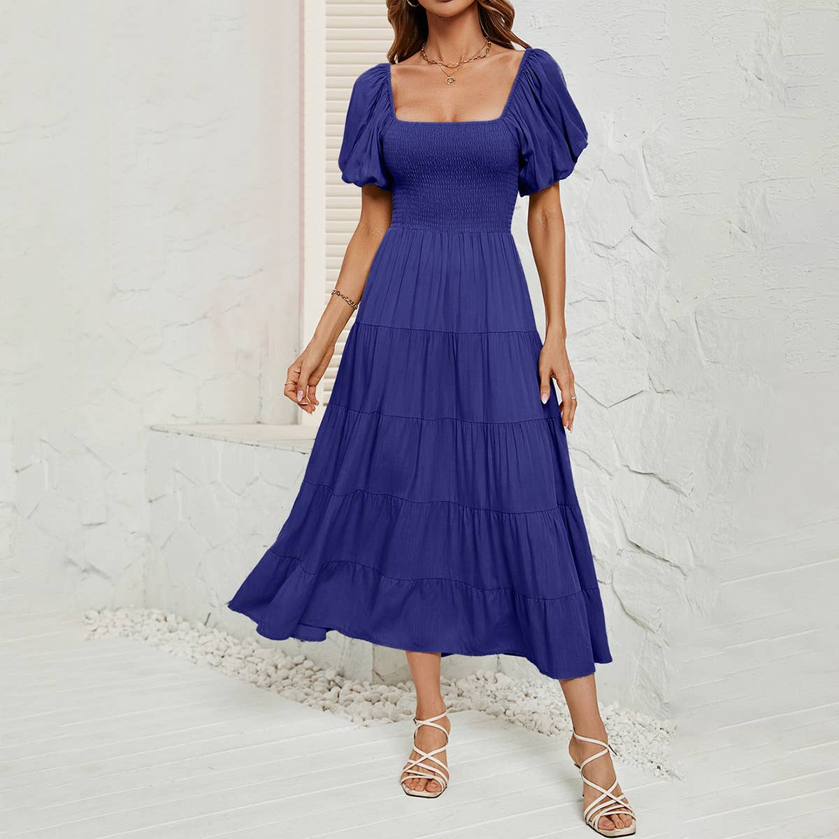 Solid-color high-waisted cinched waist dress