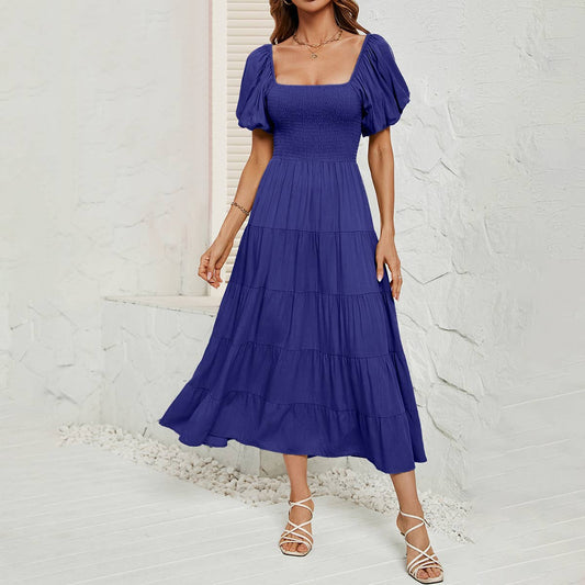 Solid-color high-waisted cinched waist dress