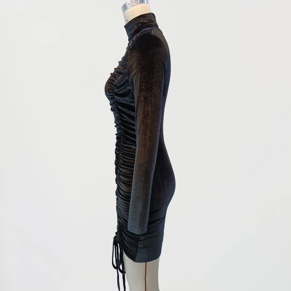 VELVET DRAWSTRING HIGH NECK SEXY HIP WRAP DRESS