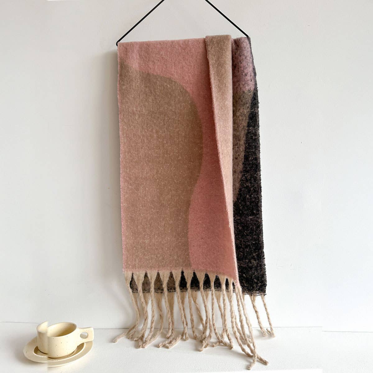 Geometric Fringe Wool Scarf,Thick Colorblock Shawl