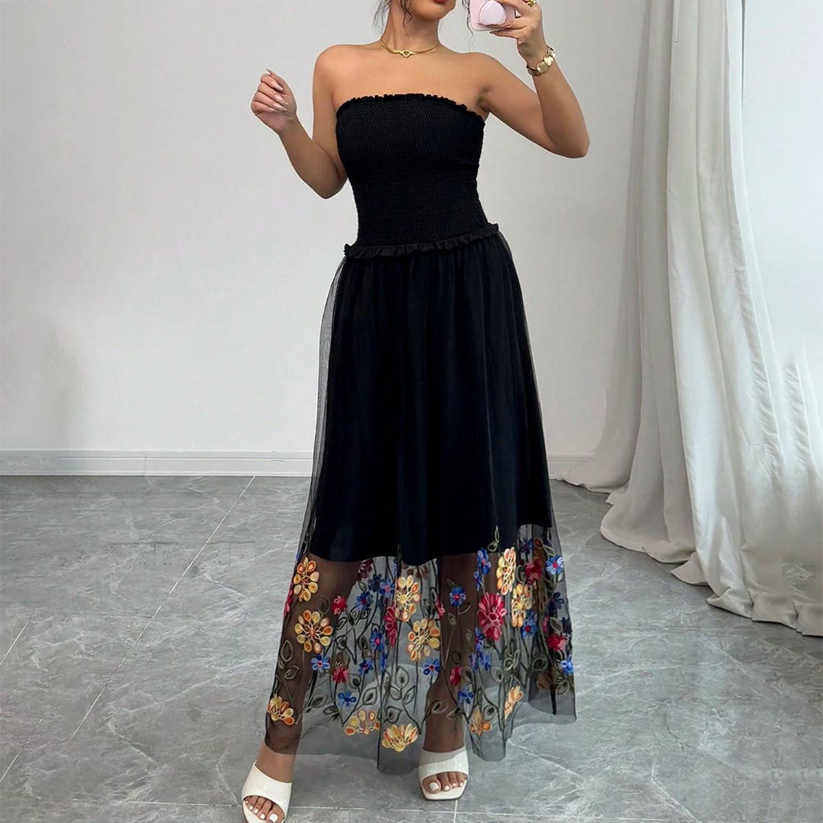Sexy floral embroidered strapless long dress