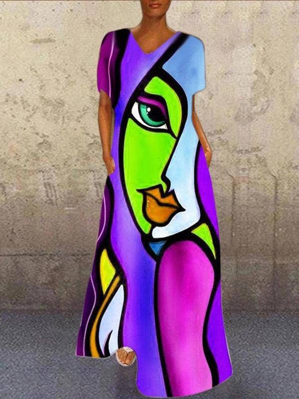 PRINTED V-NECK CASUAL MULTI-COLORED DRESS