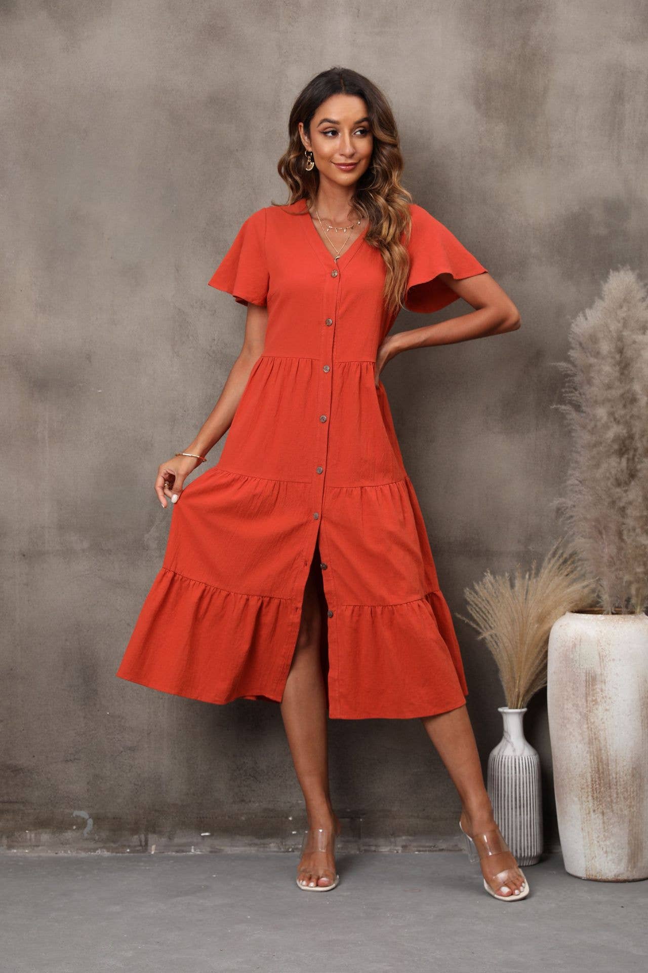 V-NECK SHORT-SLEEVED CARDIGAN LONG DRESS