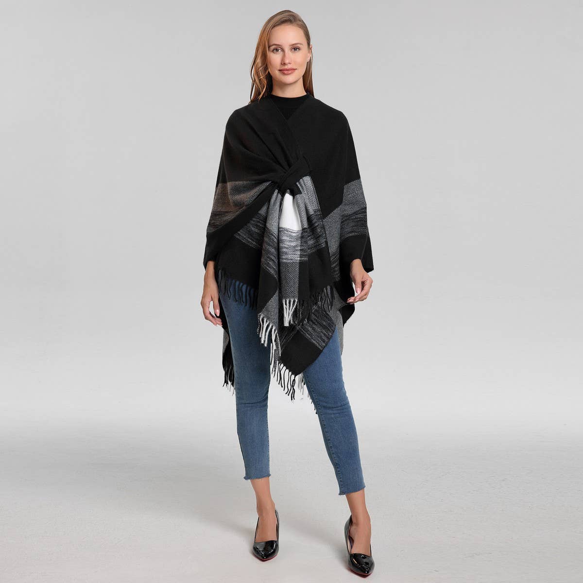 FRINGED CAPE FIXED TIE SHAWL FAUX CASHMERE SCARF