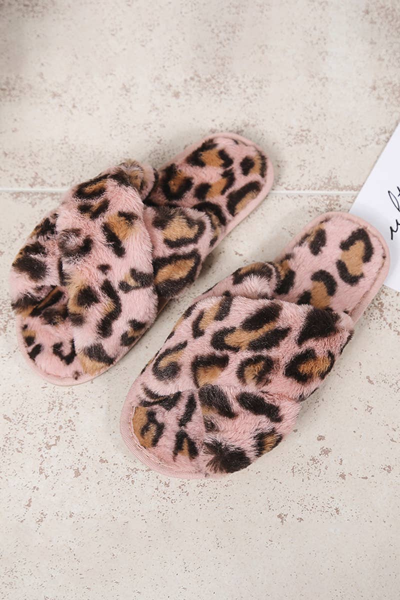 LEOPARD PATTERN CROSS FLUFFY HOME BEDROOM SLIPPERS