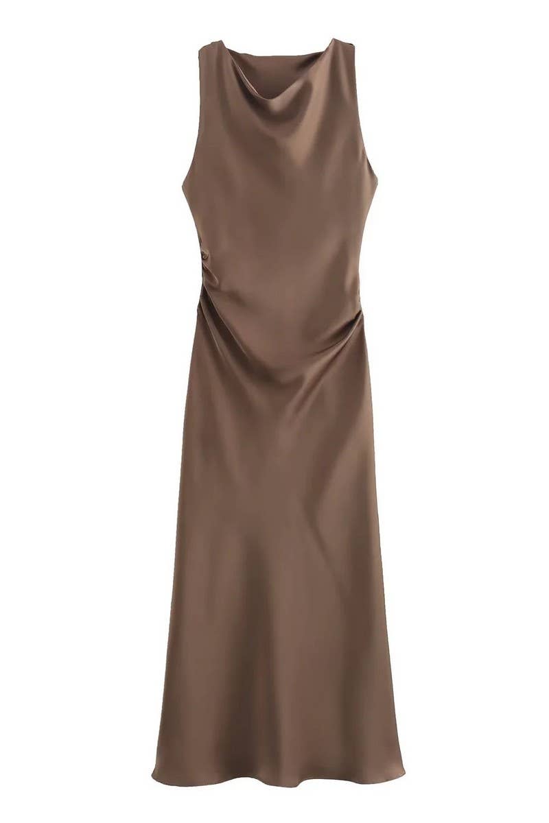 CWDMD4173_ROUND NECK SLEEVELESS BLACK SATIN DRESS