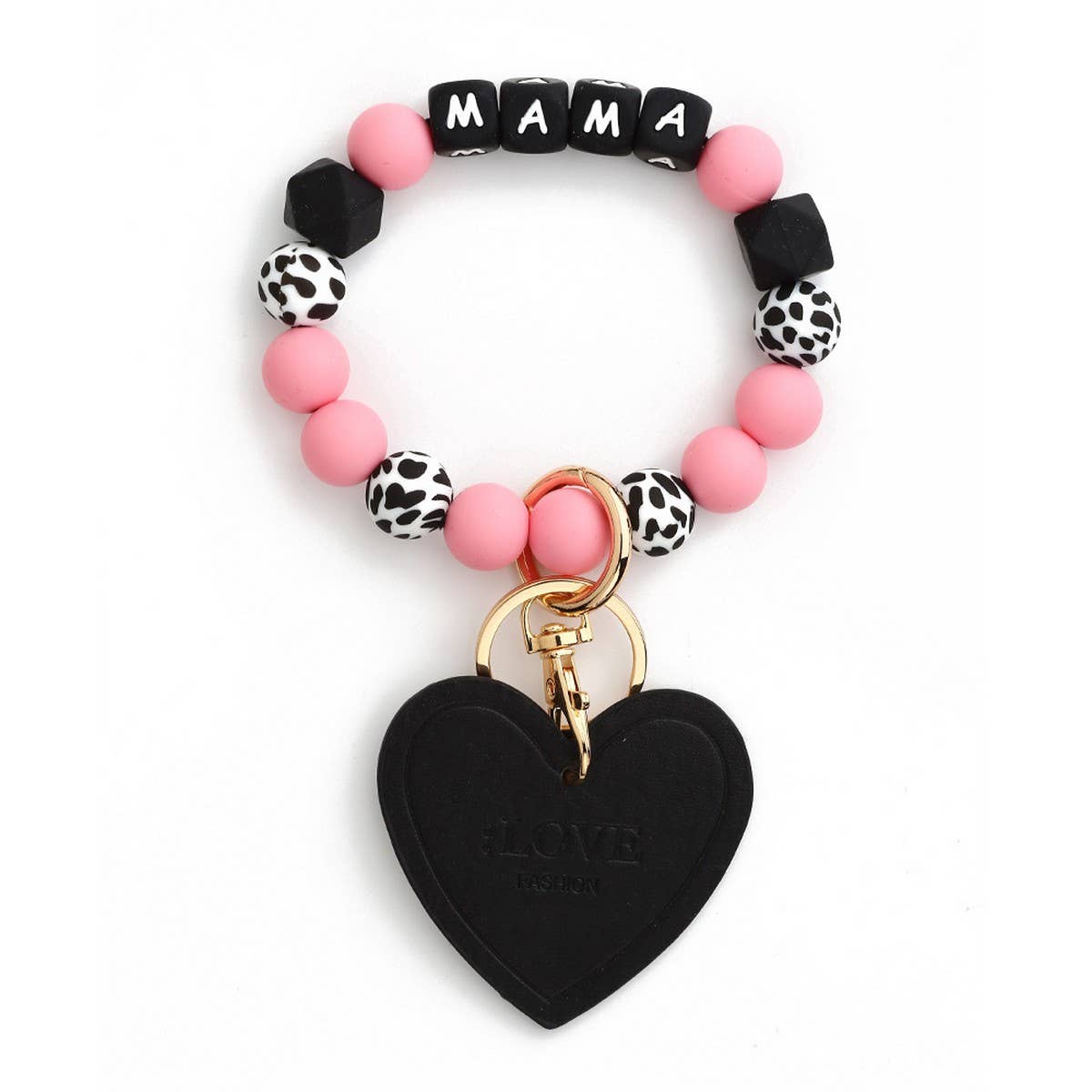 Leopard Print Silicone Bead Heart Bracelet Keychain_CWAB5018