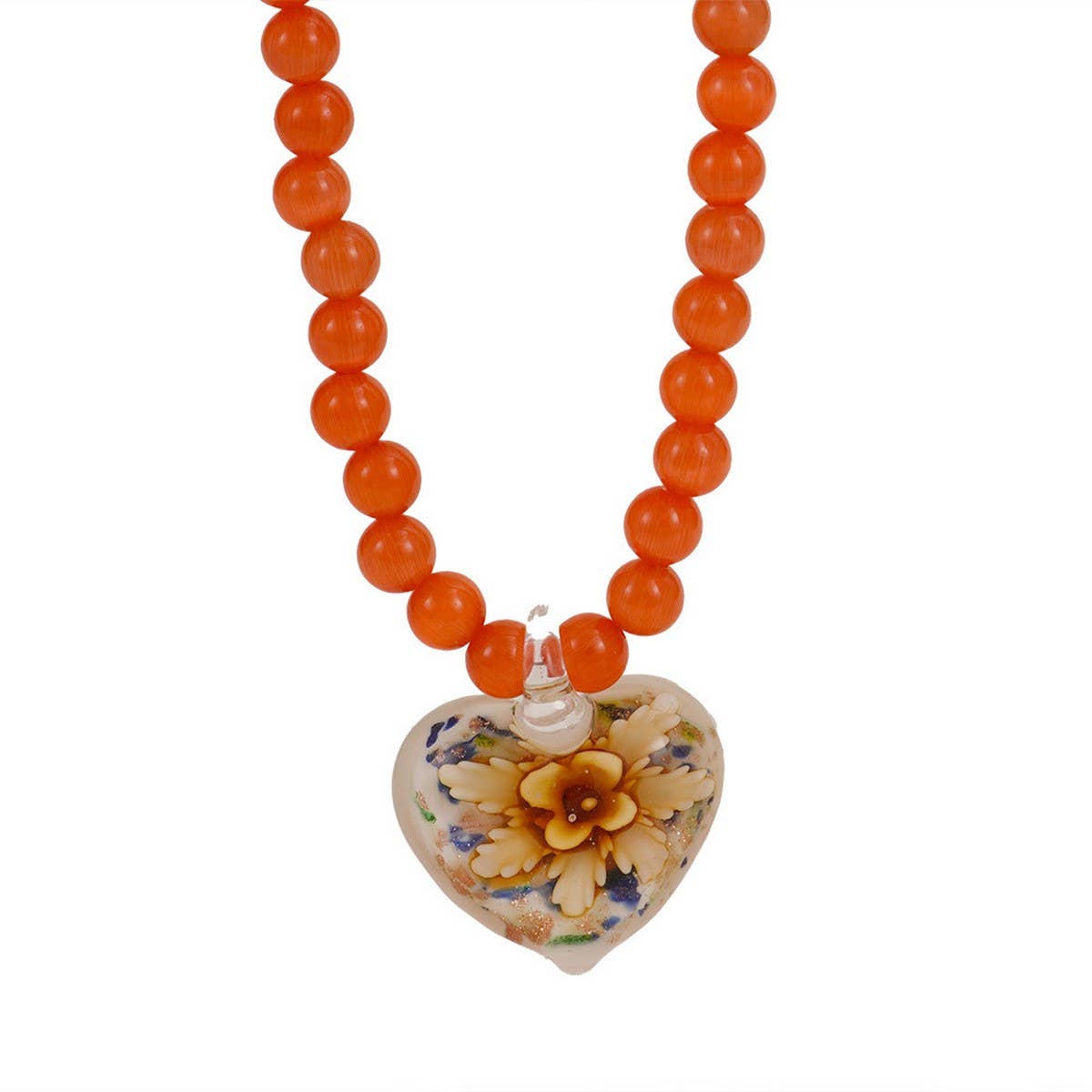 Cat??¢s Eye Glass Heart Flower Pendant Necklace_CWMM7536