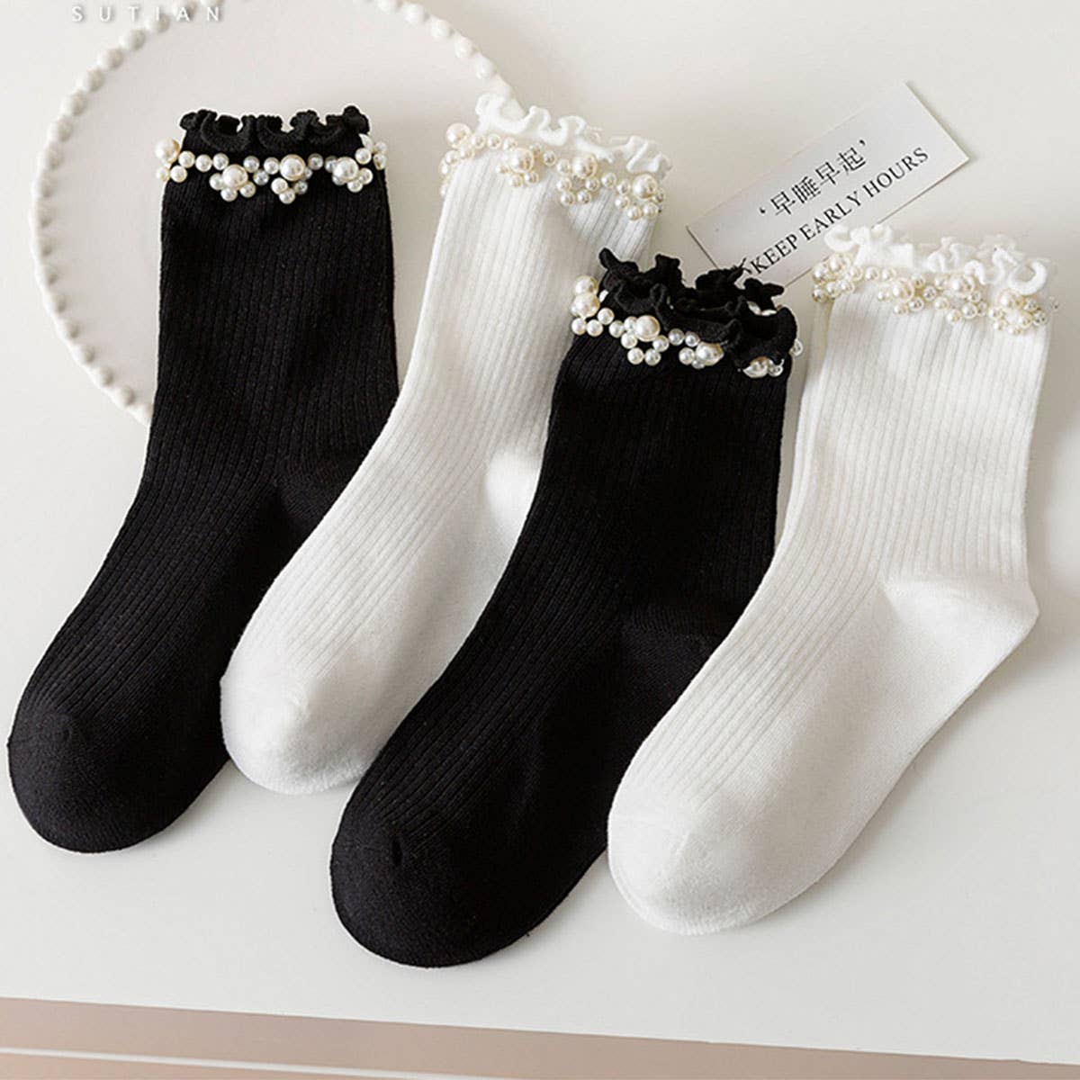 PEARL ORNAMENT COTTON CREW SOCKS_CWMS0283