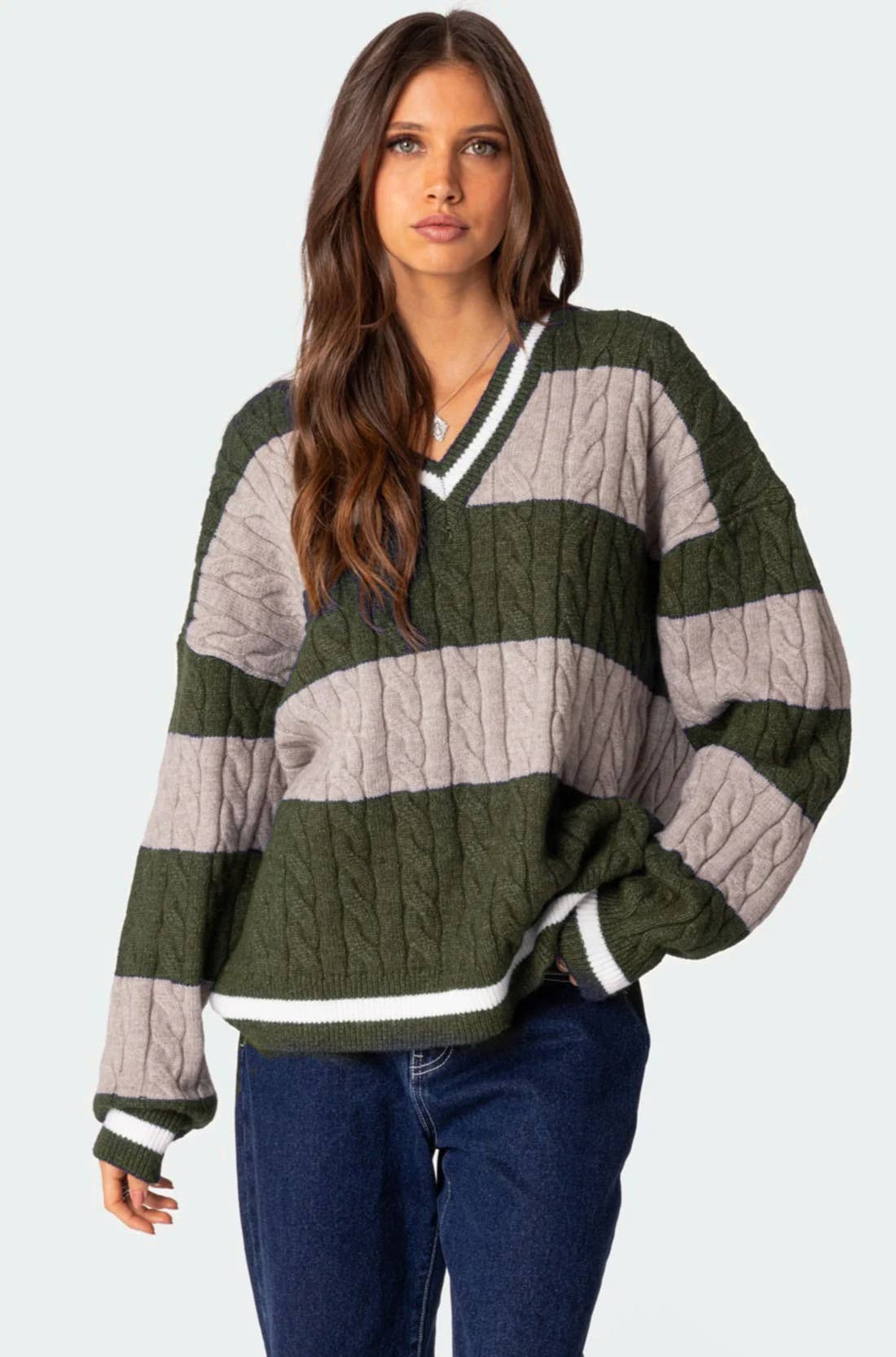 V-neck striped color matching loose sweater