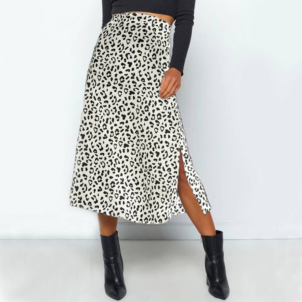 HIGH WAIST LEOPARD CHIFFON PRINT SLIT MIDI SKIRT