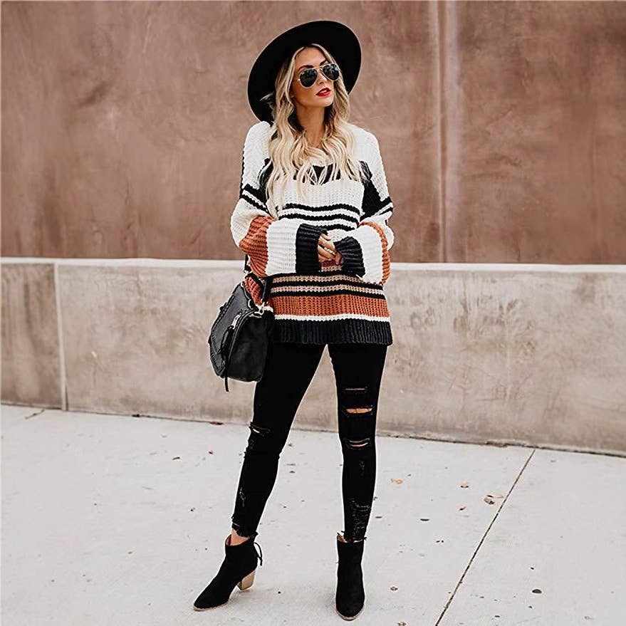STRIPED COLOR CONTRAST KNIT CASUAL LOOSE SWEATER