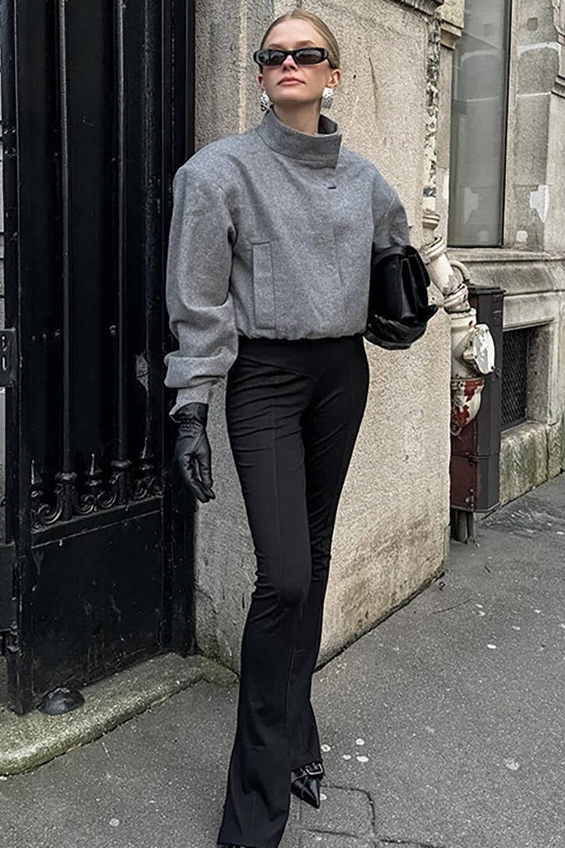 CWOCO1115_GREY SHORT WOOLEN COAT WITH SMALL STAND COLLAR