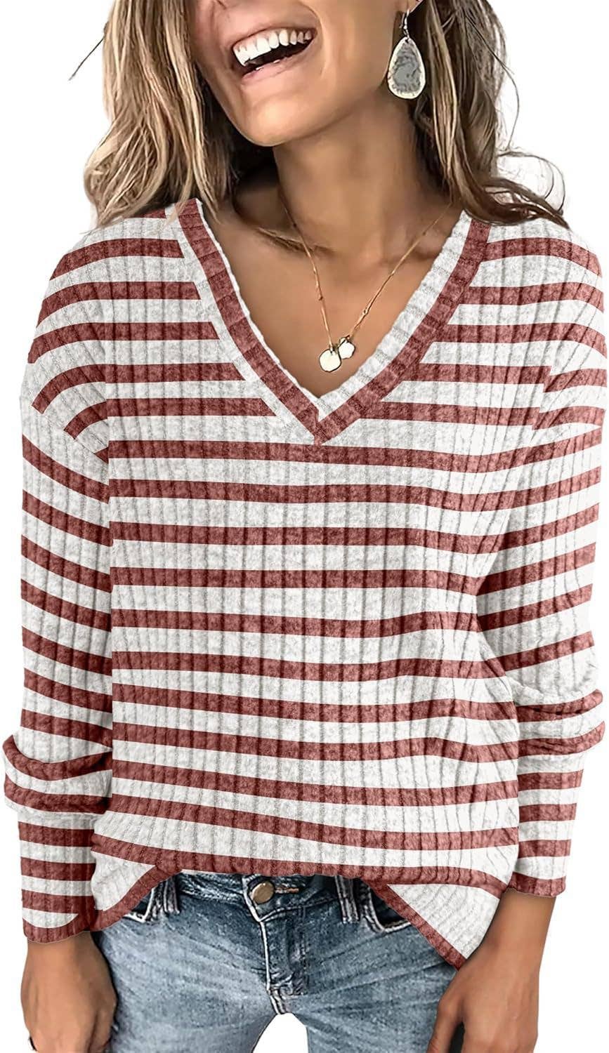 STRIPED COLOR CONTRAST V-NECK LONG SLEEVE SWEATER
