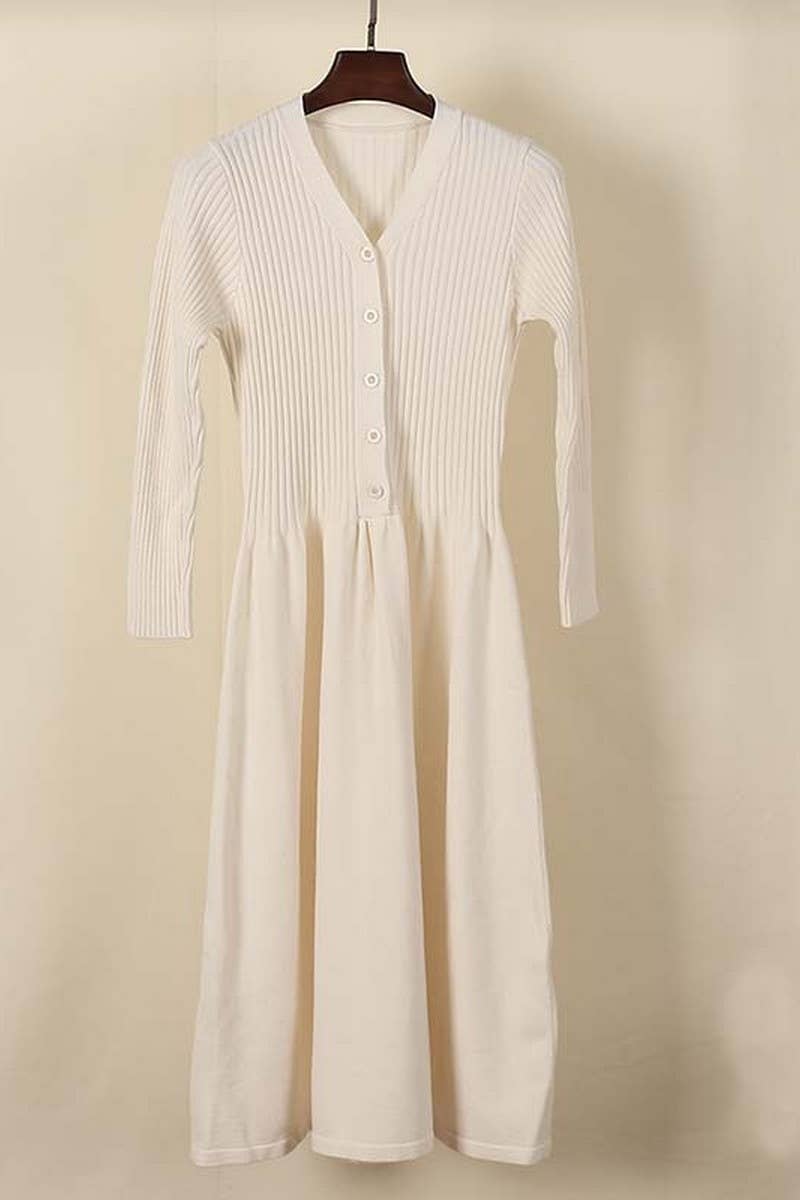 CWDMD4015_V-NECK WAIST BELOW KNEE LONG KNITTED DRESS