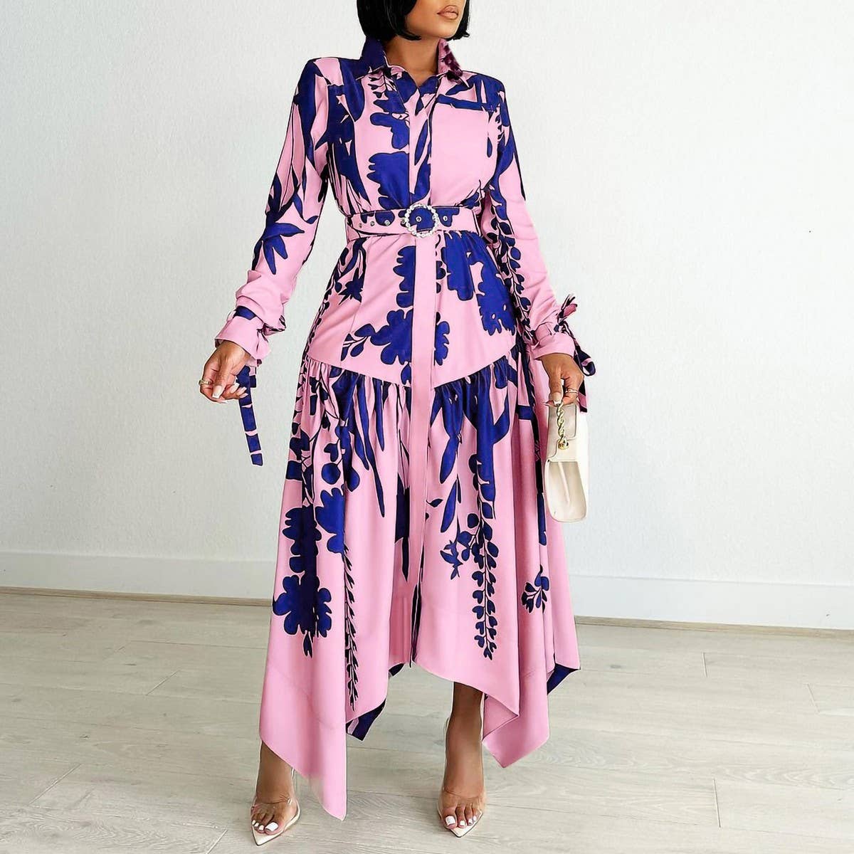 TEMPERAMENT PRINTED IRREGULAR LAPEL DRESS