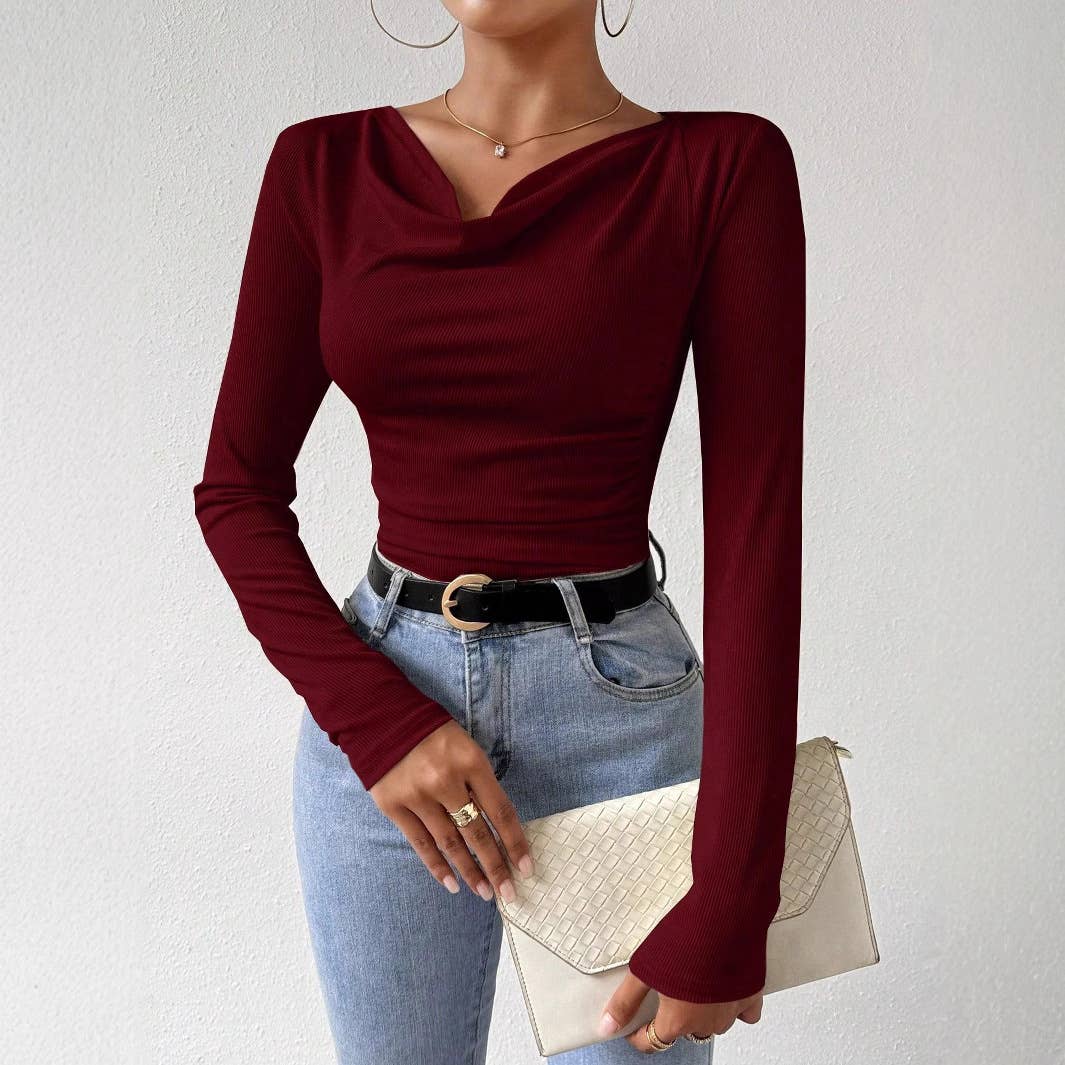 SWING NECK PLEATED SOLID COLOR SLIM-FIT T-SHIRT