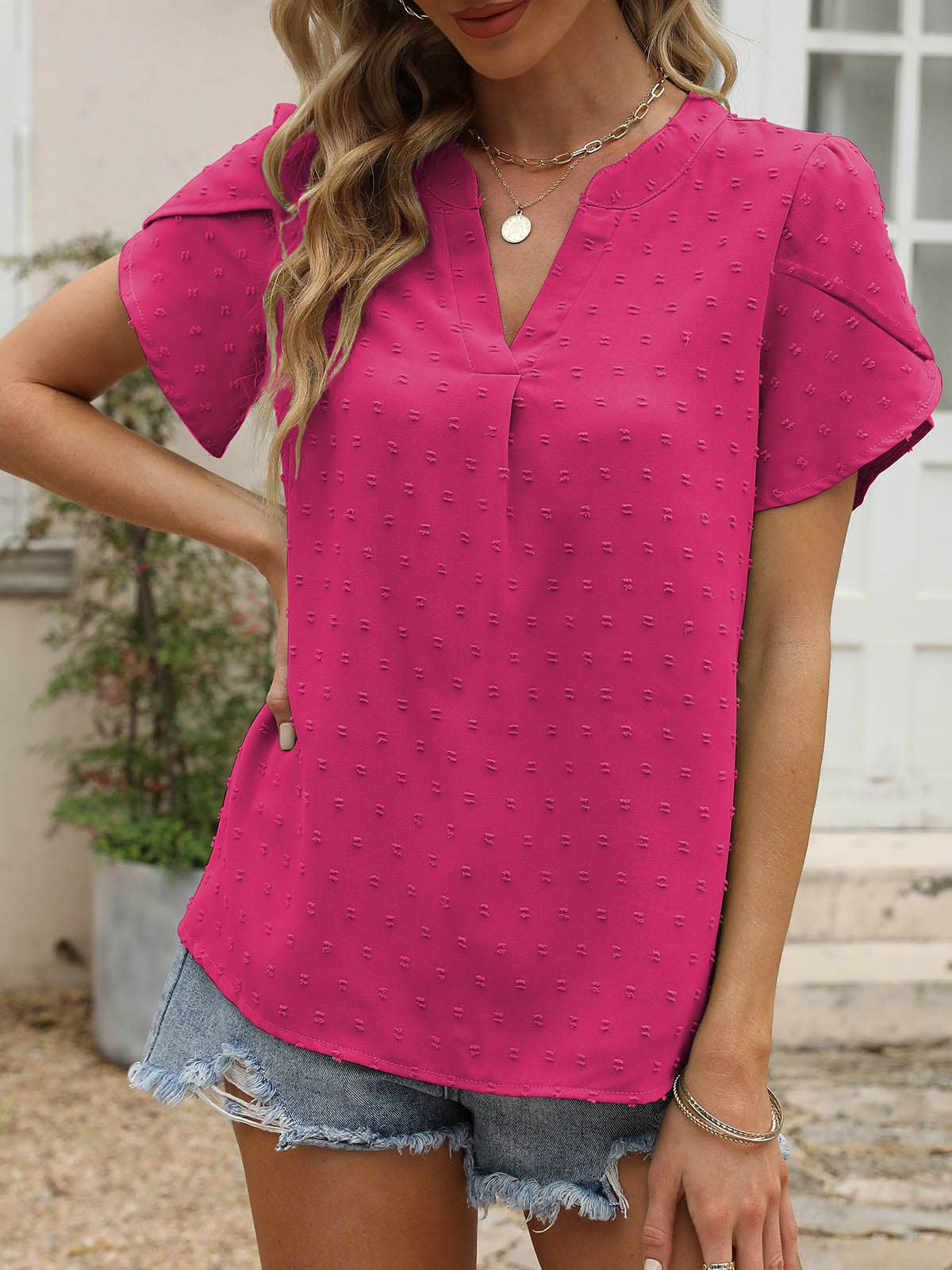 V-NECK JACQUARD SHORT SLEEVE SHIRT BLOUSE