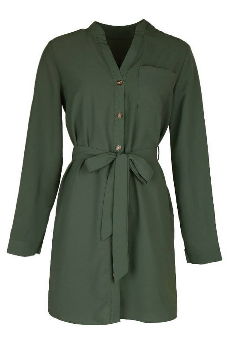 CWDSD5910_SOLID COLOR BUTTON TIE LONG SLEEVE DRESS
