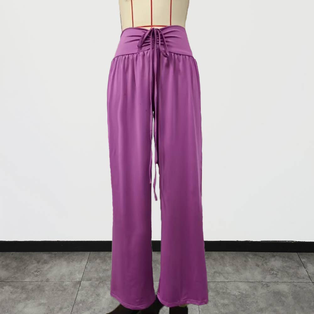 Pleated lace-up slacks Stretch wide-leg pants