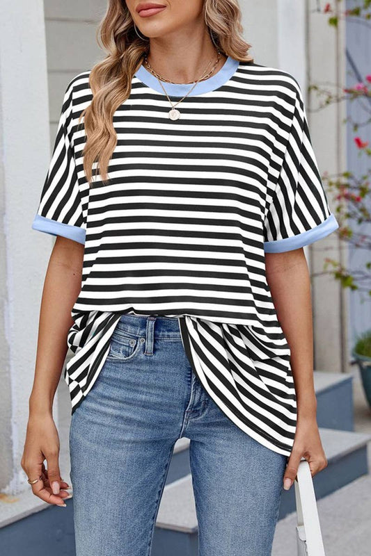 Cwtts1343_Summer Striped Contrast Loose Short Sleeves