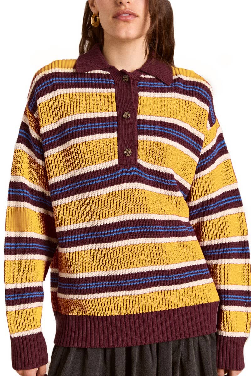 CWOSWL07738_2025 RETRO STRIPED COLORBLOCK POLO KNIT SWEATER