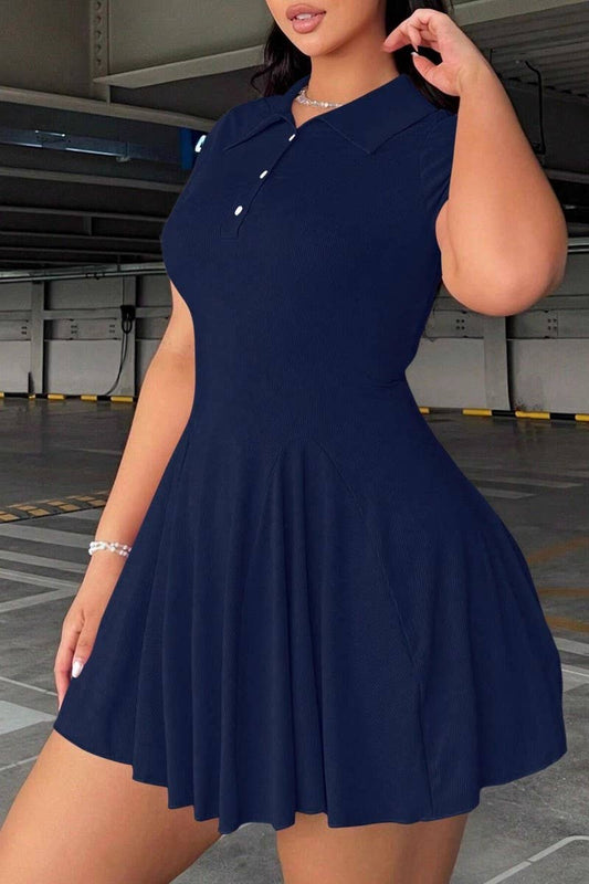 CWDSD10876_SOLID COLOR POLO COLLAR SHORT SLEEVE DRESS