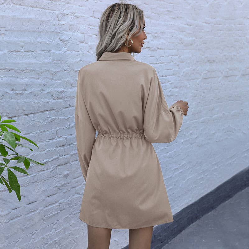 SOLID COLOR FRENCH LAPEL LONG-SLEEVED SHIRT DRESS