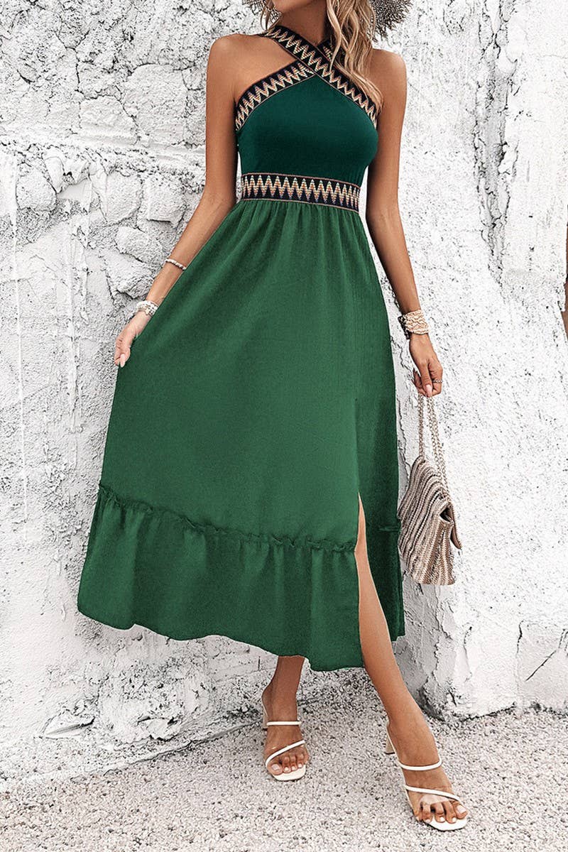 CWDTD0413_HIGH WAIST HALTER NECK CONTRAST COLOR SLIT DRESS