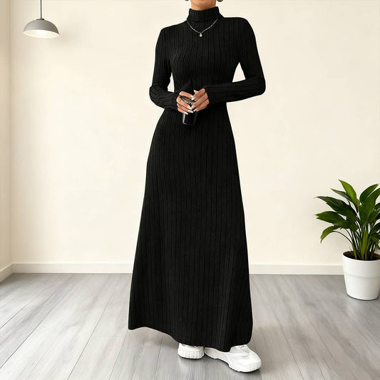 Figure-hugging high-neck solid-color dress