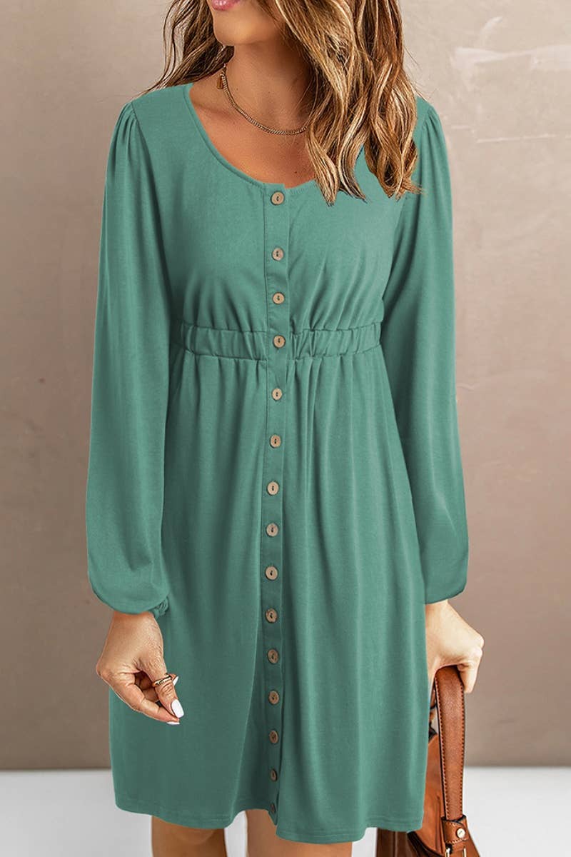CWDSD6595_CREW-NECK SINGLE-BREASTED LONG-SLEEVED DRESS