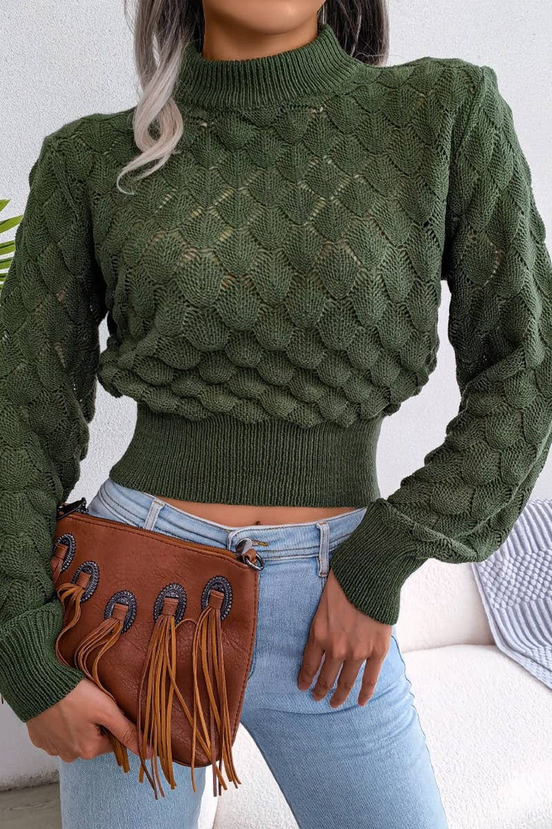 WOMEN SCALES PATTERN KNITTED HIGH NECK SWEATER_CWOSWL0465