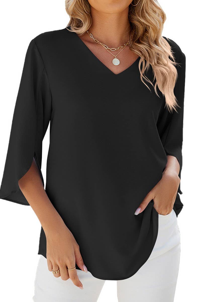 V NECK ICE SILK SOLID COLOR LOOSE CASUAL SHIRT_CWTSTS0184