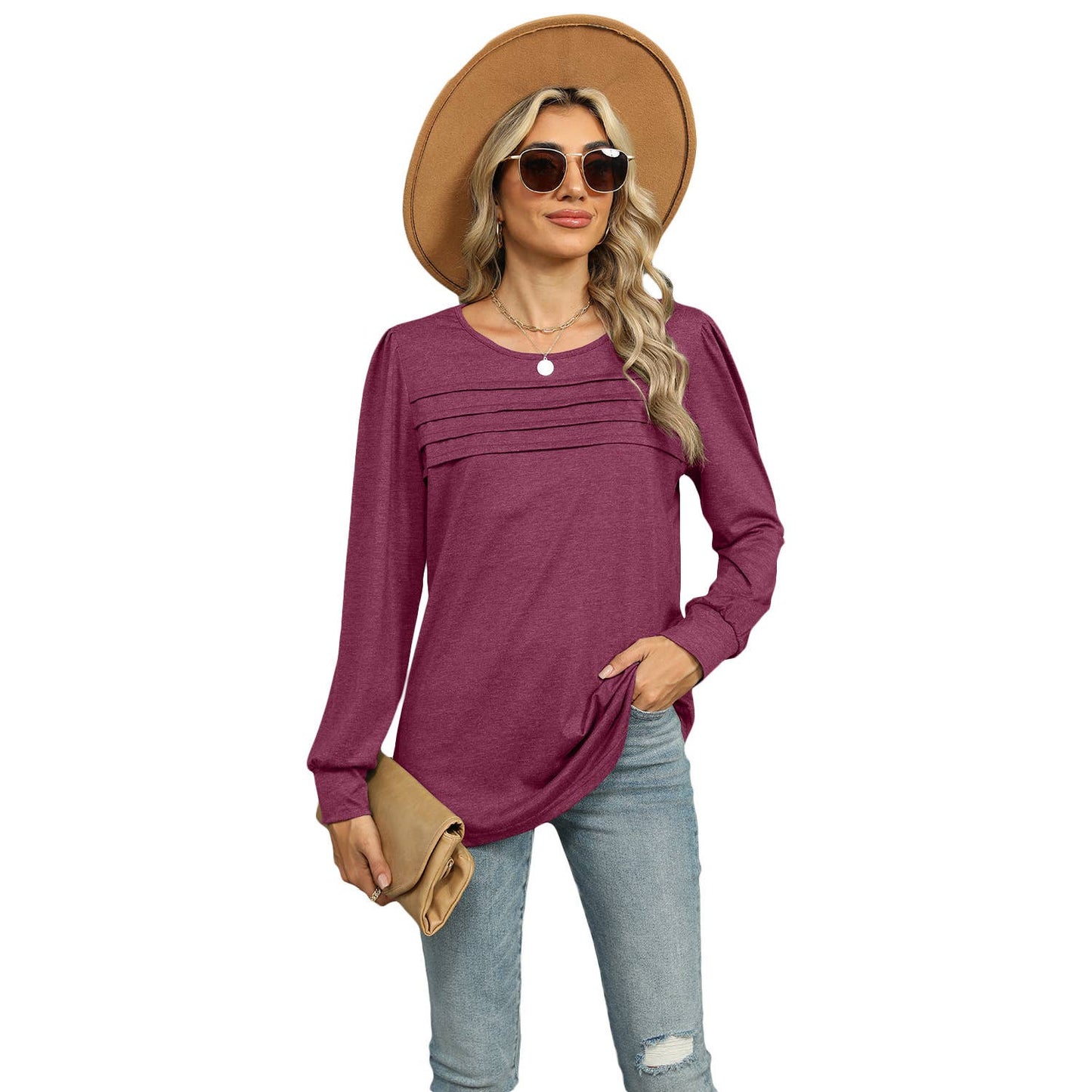 SOLID COLOR U-NECK PLEATED LONG SLEEVE T-SHIRT