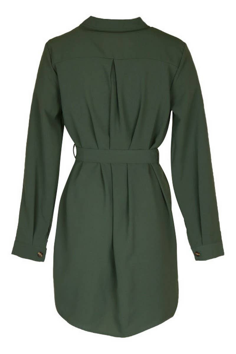 CWDSD5910_SOLID COLOR BUTTON TIE LONG SLEEVE DRESS