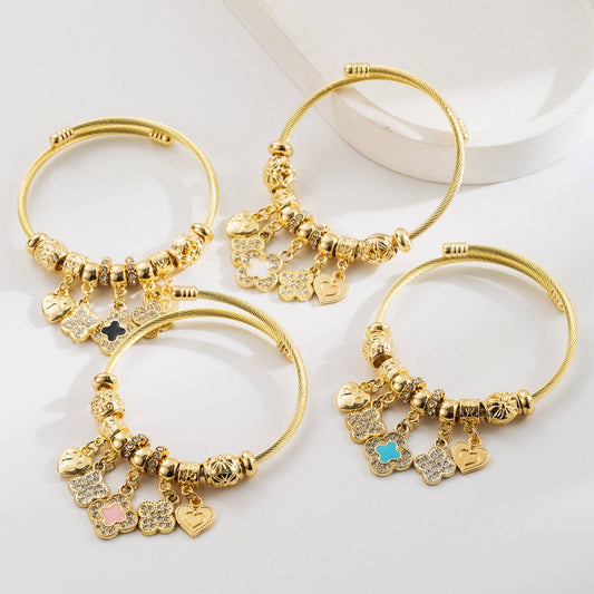 Trendy Gold Clover Heart Charm Bracelet