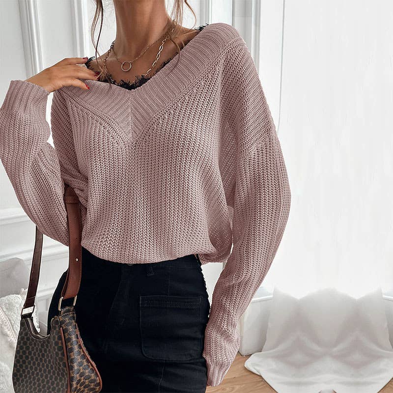 Lace pullover loose solid color knit sweater