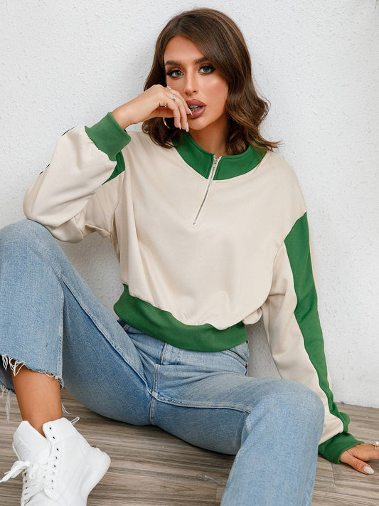 Half Zip Short Stand-Up Collar Patchwork Hoodie