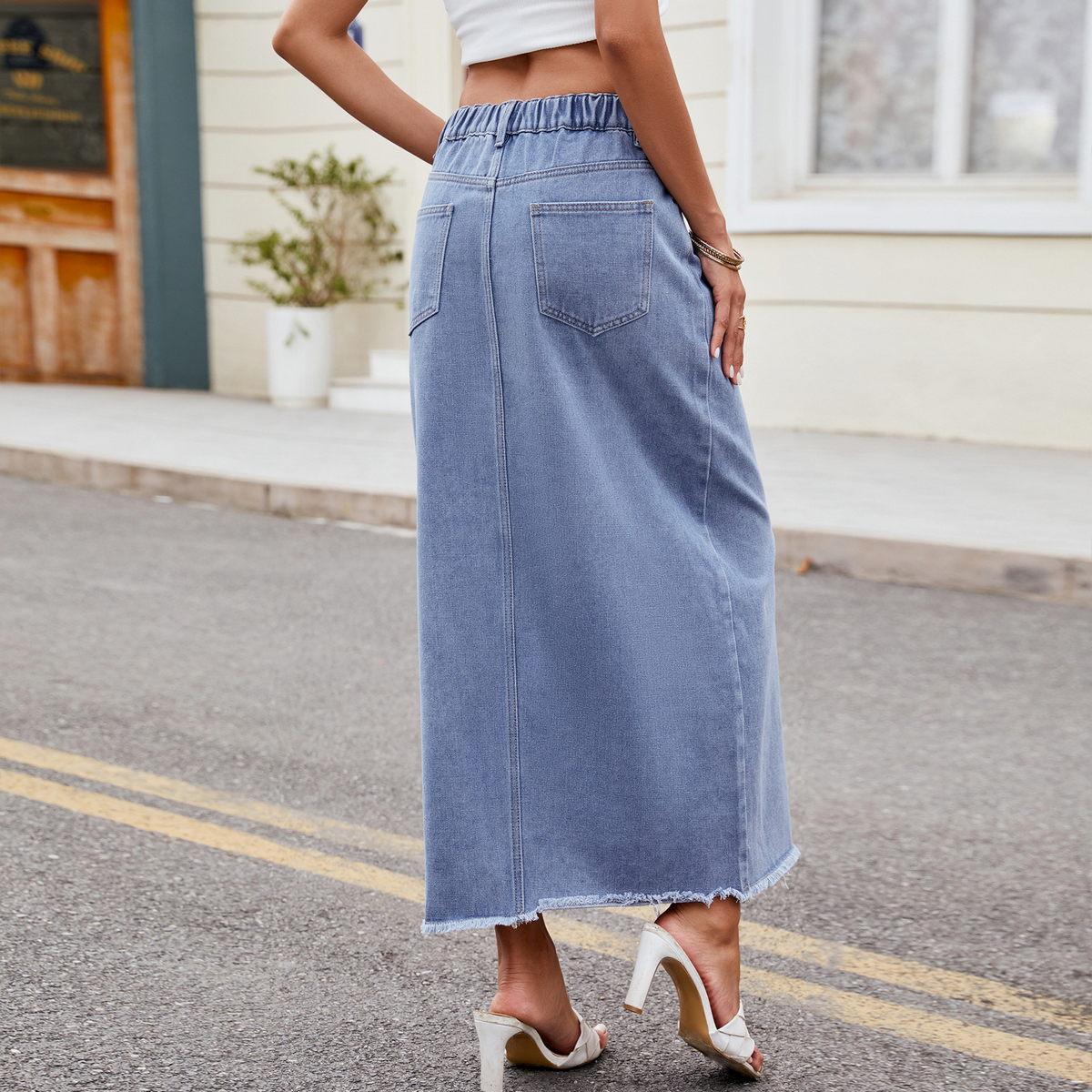 Women??¢s Washed Denim Maxi Skirt Asymmetrical_CWJSK0205