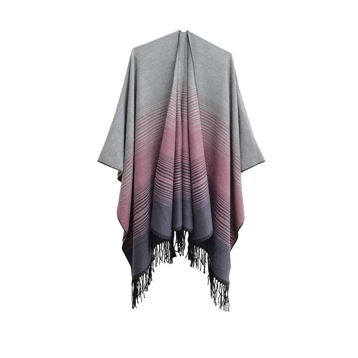 GRADIENT FINE LINES TASSELS WARM SHAWL CLOAK