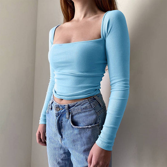 Simple slim vertical pattern knitted square collar top