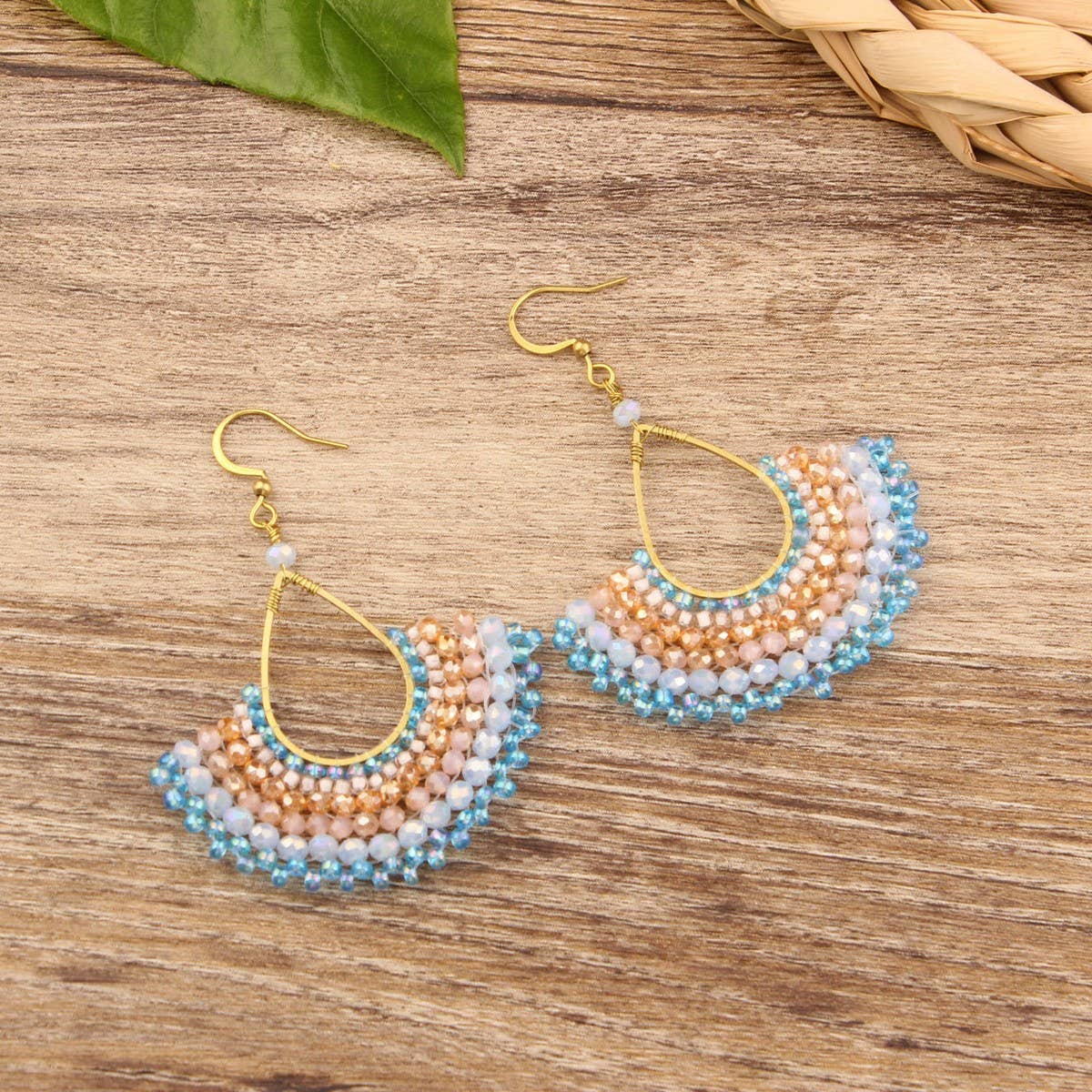 FASHIONABLE HAND-WOVEN GREEN FAN EARRINGS