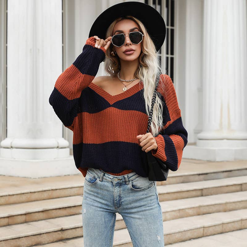 KNITTED COLOR MATCHING V-NECK LONG SLEEVE SWEATER